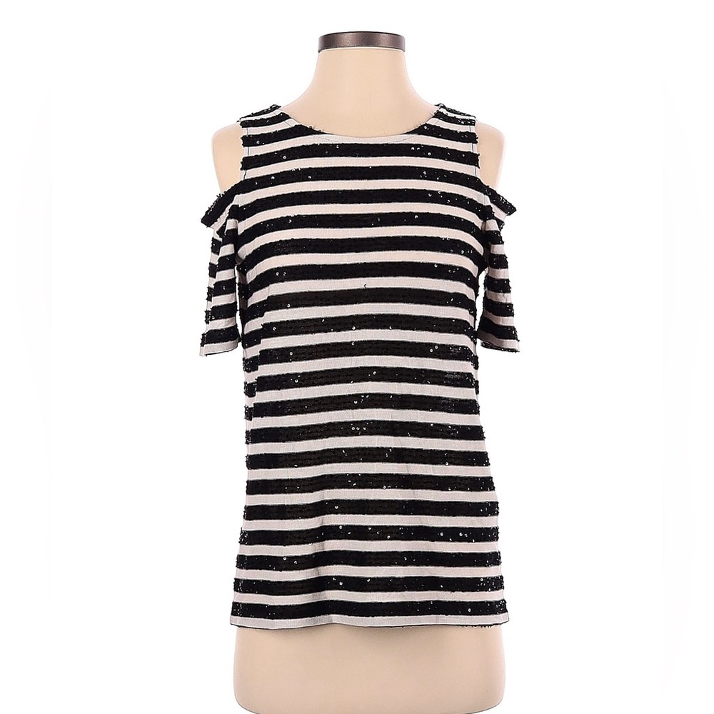 Chico's Black and White Sequin Cold Shoulder Top, New with Tags